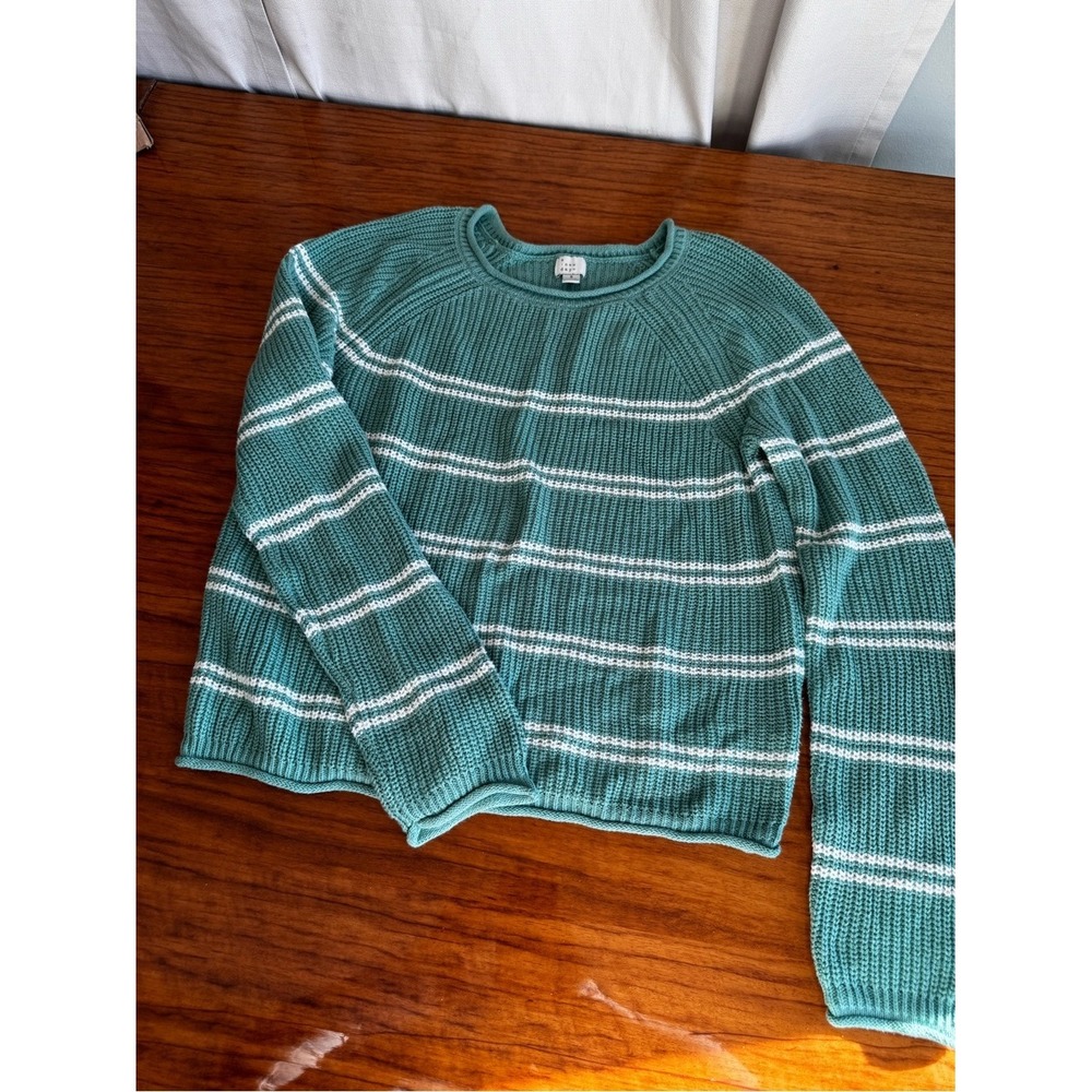 A New Day Teal White Striped Crewneck Chunky Knit Sweater Small Raglan Sleeves